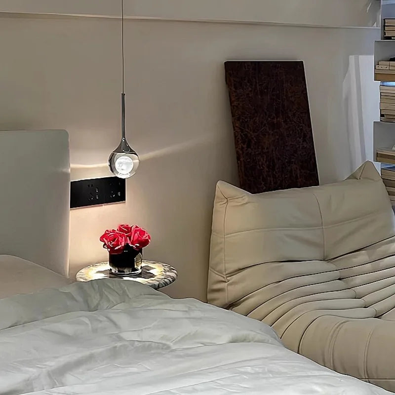 Clear Glass Globe Pendant Light, Frosted Inner Sphere, Slim Chrome Drop Rod Fitting, Bedside & Bedroom Reading Corner