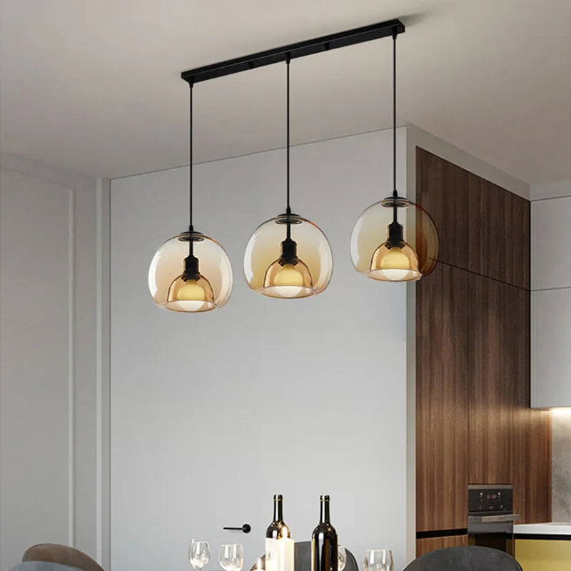 Amber Glass Globe Pendant Light, 3 Light Disc Cluster, Matt Black Disc, Staggered Drop, Dining Table & Kitchen Island