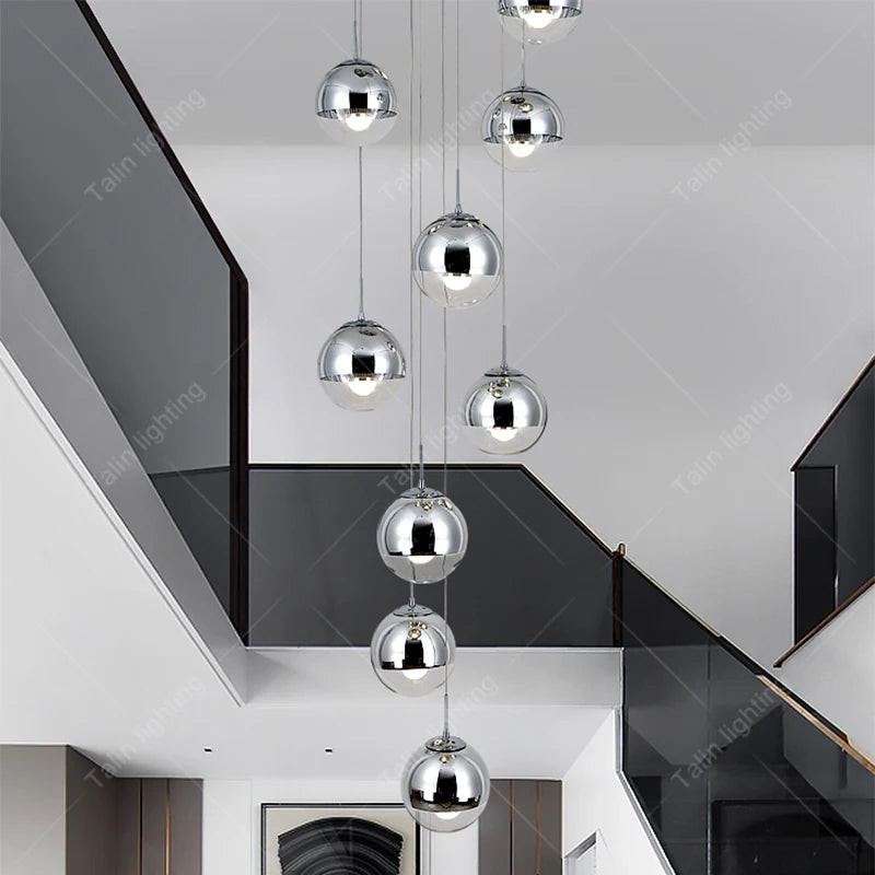 Mirrored Glass Sphere Cluster Pendant Light, Chrome Finish, 15-Light Staggered Drop, 60cm Diameter, 250cm Drop, Stairwell & Hallway