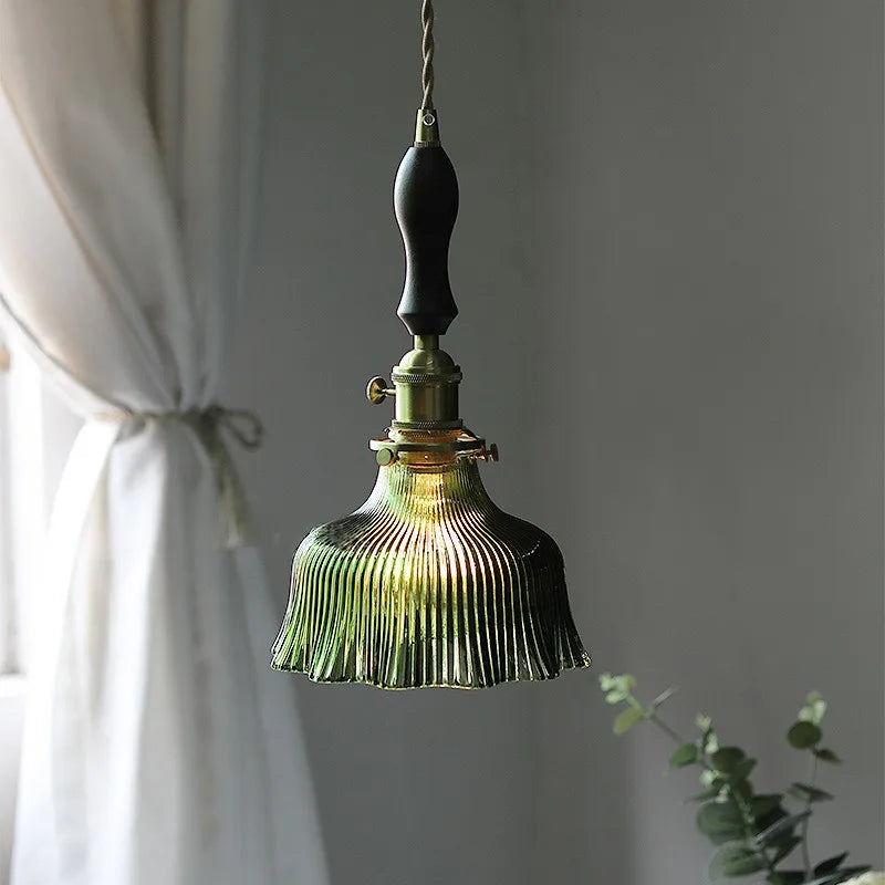 Fluted Green Glass Bell Pendant Light, Scalloped Floral Edge on a Brass Fitting, Bulb Not Included, Bedside & Living Room