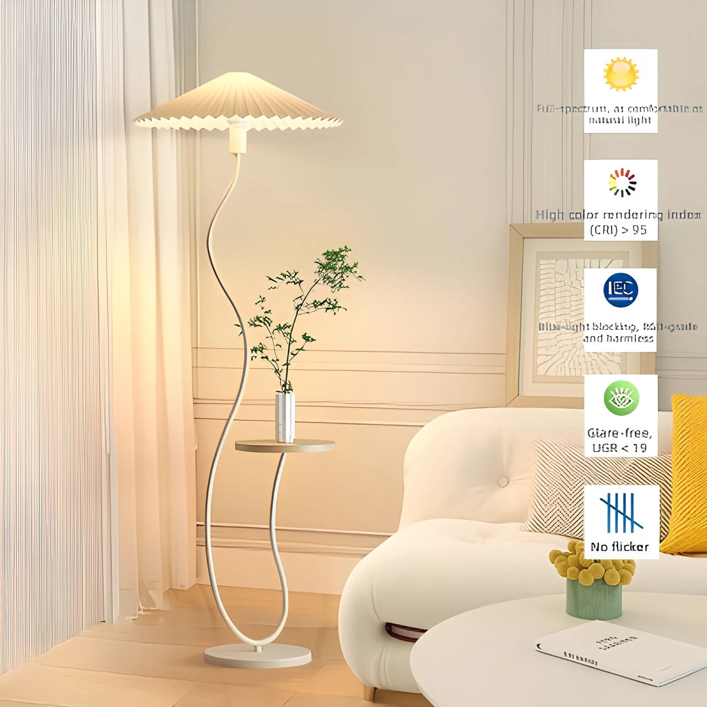 Black Curved Stem Floor Lamp With Side Shelf, Low Pleated Cream Cone Shade, Marble Base, Living Room, Bedroom & Reading Corner