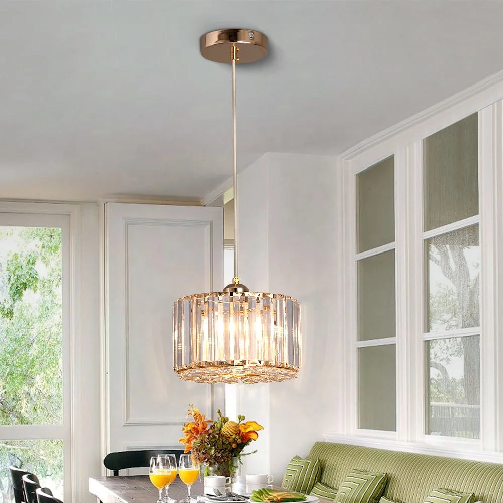 Faceted Crystal Drum Pendant Light, Black Frame with a Slim Brass Suspension Rod, Dining Table and Living Room
