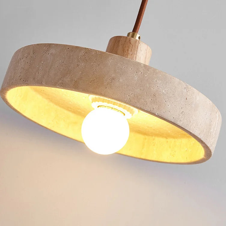 Natural Travertine Disc Pendant Light, Wood Cap Over a Bare Opal Glass Globe, Bulb Not Included, Bedside & Kitchen Island