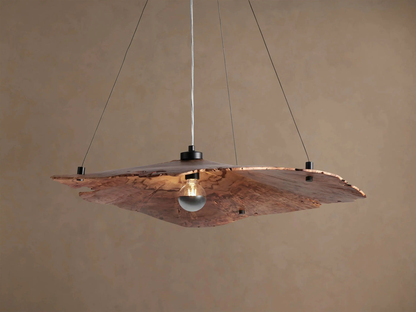 Textured Natural Wood Panel Pendant Light, 38in Live Edge Grain, Fine Cable Suspension, Dining Room & Living Room