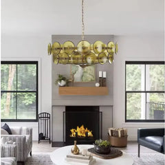 Hammered Green Glass Disc Drum Chandelier, Chain Suspended, Warm Textured Glow, Dining Room & Kitchen Island