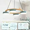 Textured Wood Ring Chandelier, 4 Blue Drum Shades, Resin Bird Detail, Natural Finish, Dining Room & Living Room