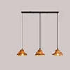 Ochre Textured Fabric Cone Pendant Light, Three-Shade Linear Row, Rustic Mountain Silhouette, Dining Table & Hallway