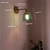 Fluted Glass Cone Wall Light, Teal Finish, Brushed Brass Gooseneck Arm, Pull Cord Switch, Bedroom, Hallway & Living Room