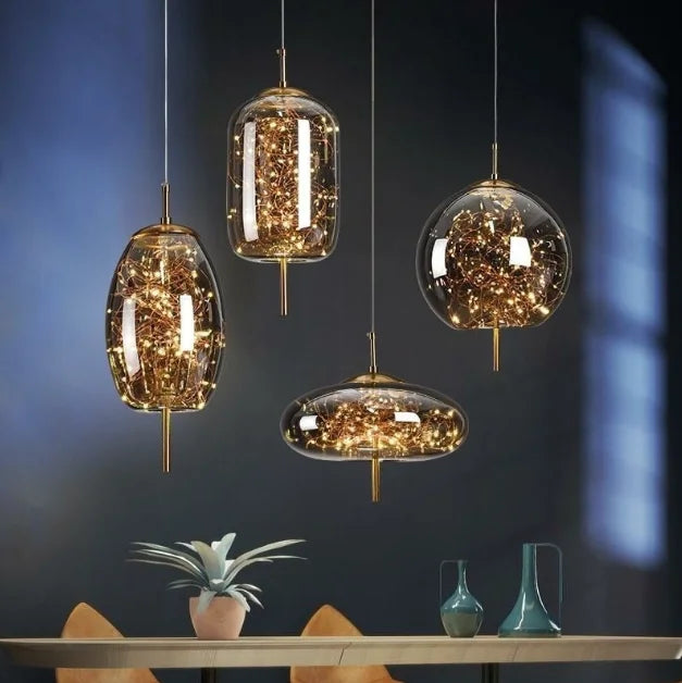 Amber Glass Linear 3-Drop Pendant Light, Warm Fairy Light Filaments, Staggered Brass Stems, Bedside & Dining Table Feature