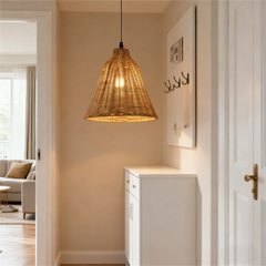 Woven Rattan Dome Pendant Light, Natural Finish, Collar Top Silhouette, Kitchen Island, Dining Table & Living Room