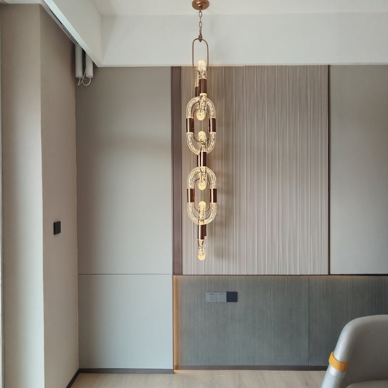 Seeded Acrylic Tiered Ring Pendant Light, Antique Brass Connectors, Four Linked Chain Rings, Integrated LED, Dining Room, Stairwell & Hallway