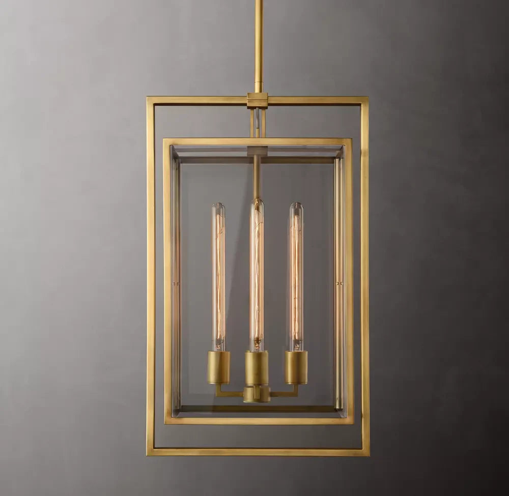 Open Cage Lantern Pendant Light, 21" Brass Nested Double Frame, 3 Exposed Tube Bulbs, Hallway, Dining Table & Living Room