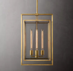 Open Cage Lantern Pendant Light, 21" Brass Nested Double Frame, 3 Exposed Tube Bulbs, Hallway, Dining Table & Living Room