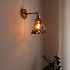 Fluted Glass Bell Wall Light, Clear Finish, Brushed Brass Gooseneck Arm, Pull Cord Switch, Bedroom, Hallway & Living Room