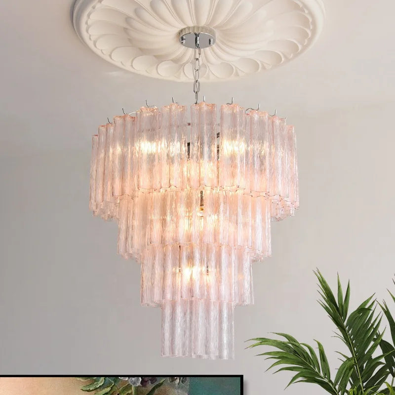 Fluted Pink Opal Glass Tiered Chandelier, Chrome Chain Suspension, Two-Tier Silhouette, 40cm, Dining Room & Living Room