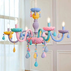 Textured Multicolour Resin Branch Chandelier, 5 Pastel Candle Arms, Colour Drop Beads, Bedroom, Living Room & Dining Room