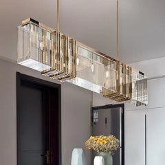 Faceted Crystal Linear Rectangular Chandelier, 200 Centimetre Run, Slim Gold Frame, Dining Table & Kitchen Island