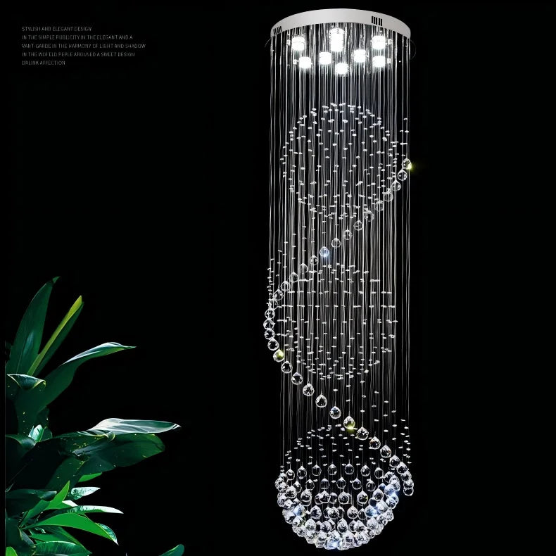 Crystal Spiral Cluster Chandelier, 9 Lamp, Faceted Crystal Beads, Long Cascading Drop, Stairwell, Hallway & Landing