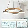 Textured Wood Ring Chandelier, 4 Grey Drum Shades, Resin Bird Detail, Natural Finish, Dining Room & Living Room