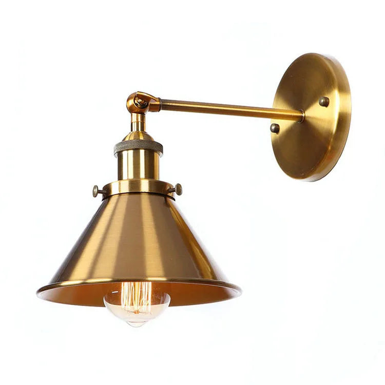 Antique Brass Cone Wall Light on a Swan Neck Arm, 20x20 Reach, Adjustable Knurled Knuckle Joint, Bedside and Reading Corner