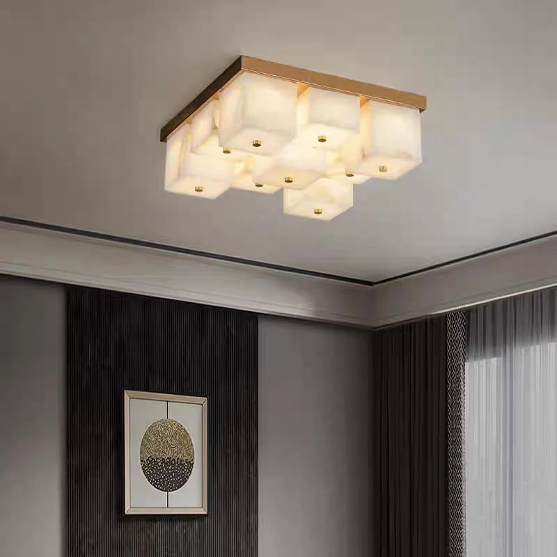 Marbled Alabaster Cube Flush Ceiling Light, 12 Light Grid of Glowing Blocks in a Brass Frame, Dining Room, Living Room & Hallway