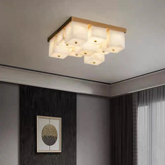 Marbled Alabaster Cube Flush Ceiling Light, 12 Light Grid of Glowing Blocks in a Brass Frame, Dining Room, Living Room & Hallway