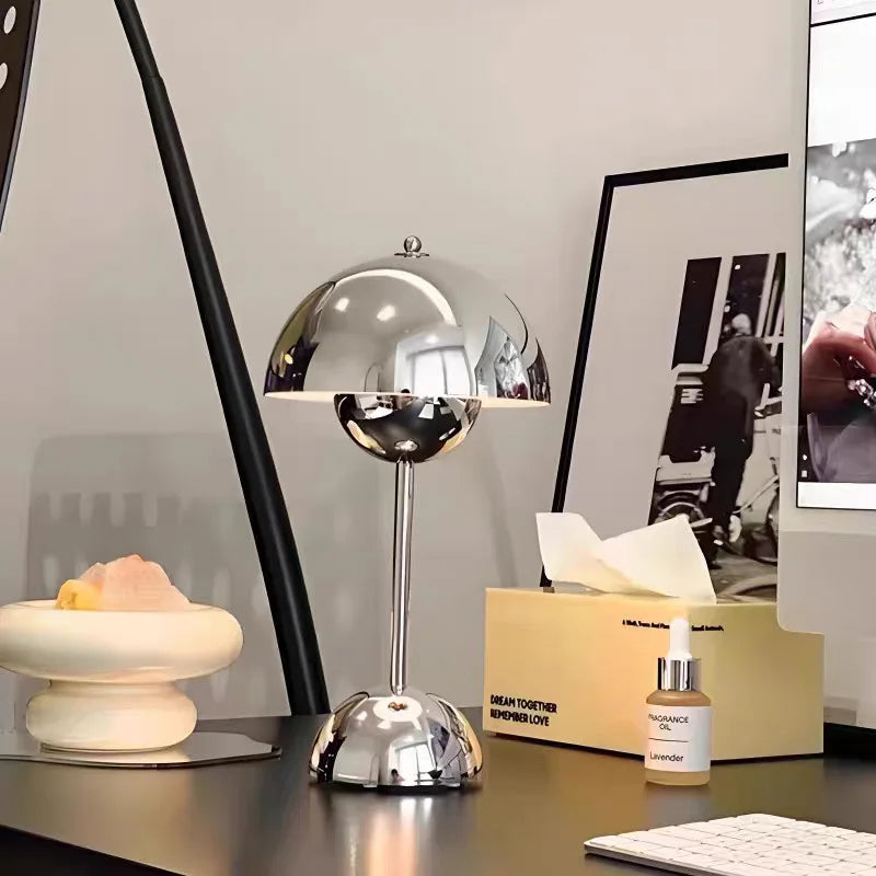 Polished Dome Table Lamp, Chrome Finish, Rechargeable Cordless Touch Control, Integrated LED, Bedside, Dining Table & Living Room