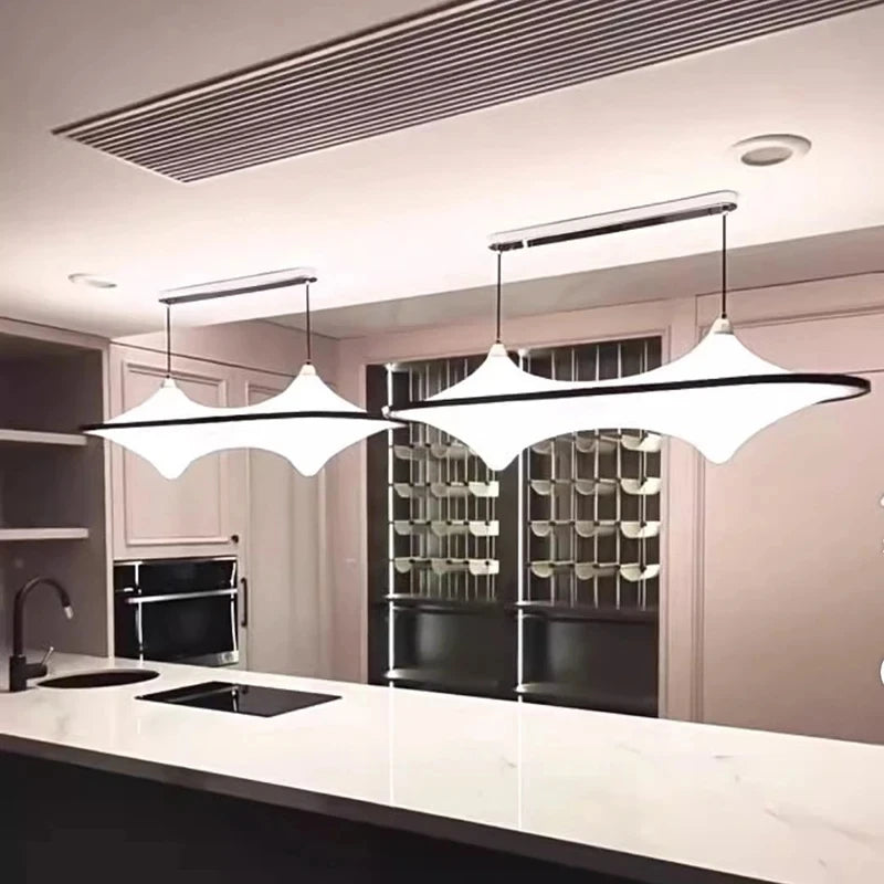 Frosted Glass 108 x 27cm Linear Bar Chandelier, Black Finish, 2 Light Saddle-Curved Frosted Glass Bar, Dining Table & Kitchen Island