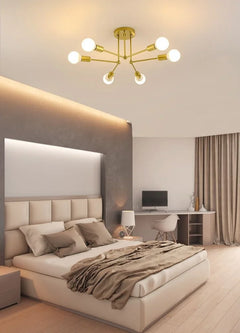 Sputnik Flush Ceiling Light, 6 Bulb Branching Arms in Black and Brass, Bare Round Bulbs, Bedroom, Hallway and Living Room