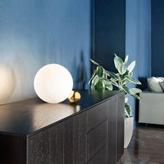 Opal Glass Globe Table Lamp, Offset Sphere on a Slim Brass Pole, Cylindrical White Marble Base, Console & Bedside