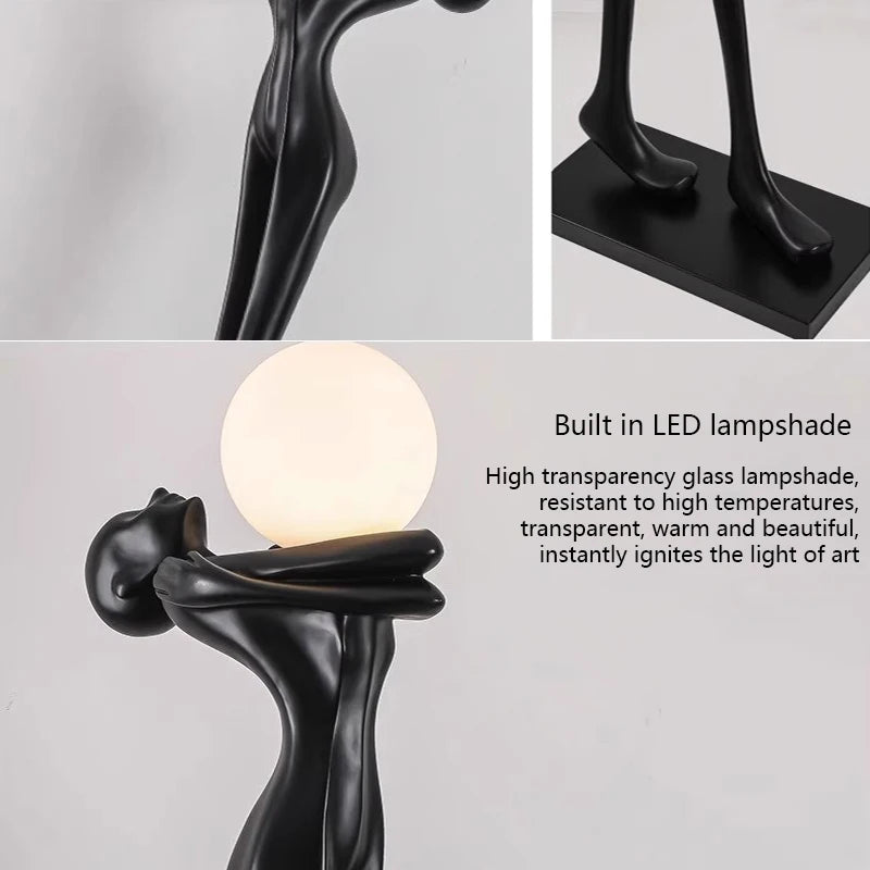 Matt Black Resin Figure Floor Lamp, 175cm, Frosted Sphere Light, Sculptural Standing Form, Living Room & Hallway Corner