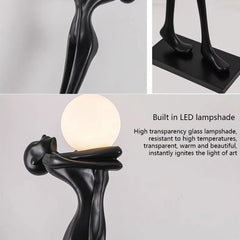 Matt Black Resin Figure Floor Lamp, 175cm, Frosted Sphere Light, Sculptural Standing Form, Living Room & Hallway Corner