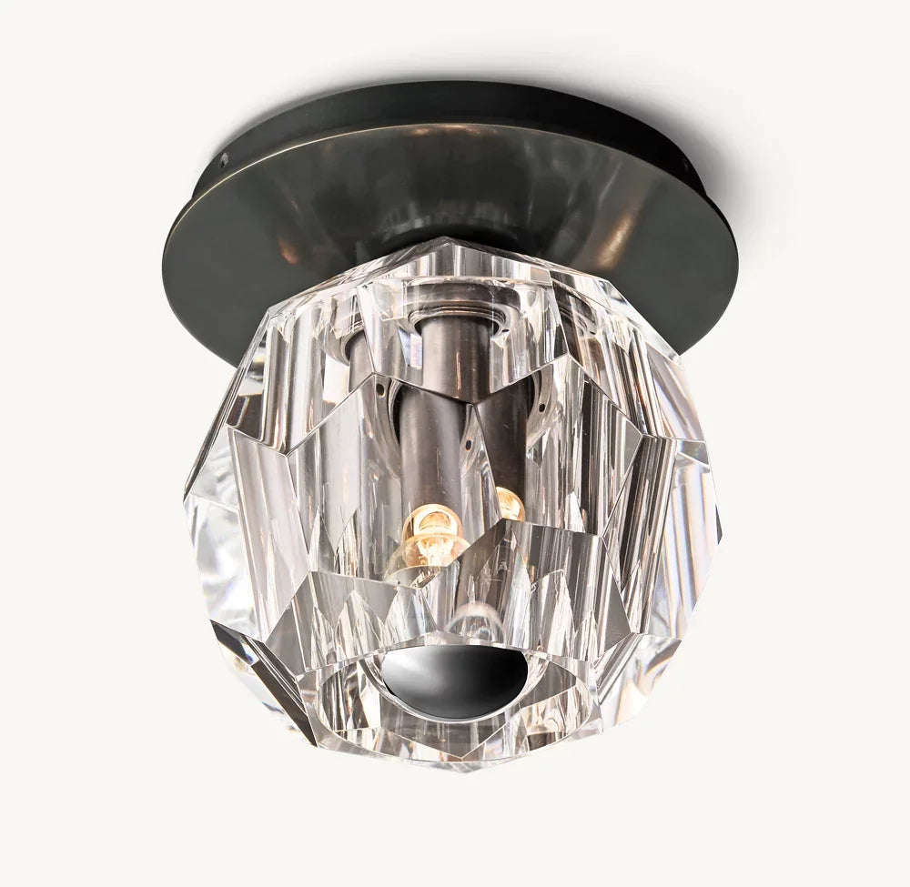 Faceted Crystal Sphere Flush Ceiling Light, Black Finish, Knurled Fixing Collar, Hallway, Landing & Bedroom Corner