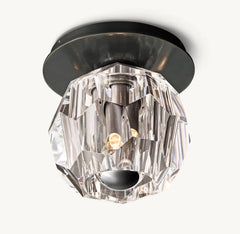 Faceted Crystal Sphere Flush Ceiling Light, Black Finish, Knurled Fixing Collar, Hallway, Landing & Bedroom Corner