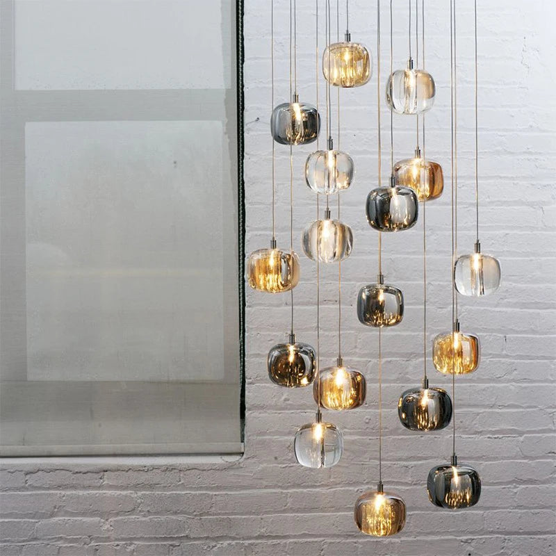 Smoked and Amber Glass Cluster Pendant Light, Large Cluster, Rounded Cushion Shades, Stairwell, Dining Room & Living Room