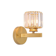 Fluted Glass Cylinder Wall Light, Polished Gold Angled Twin-Arm Bracket, Ribbed Clear Shade, Bedside & Hallway