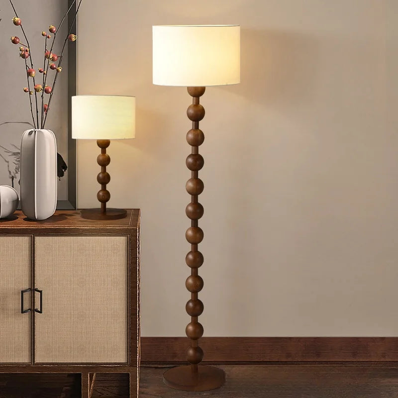 Stacked Wood Bead Column Floor Lamp, Near Black Finish, Cream Drum Shade, Living Room, Reading Corner & Bedroom