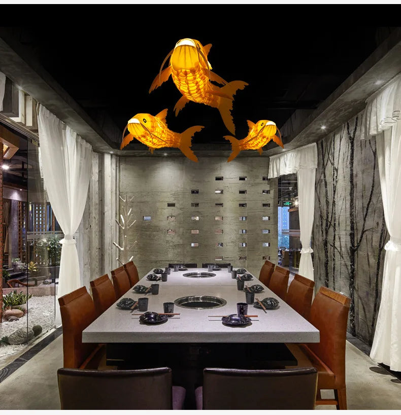Textured Wood Koi Fish Pendant Light, Layered Sculptural Form, Integrated LED, 250cm Drop, Stairwell, Hallway & Dining Room