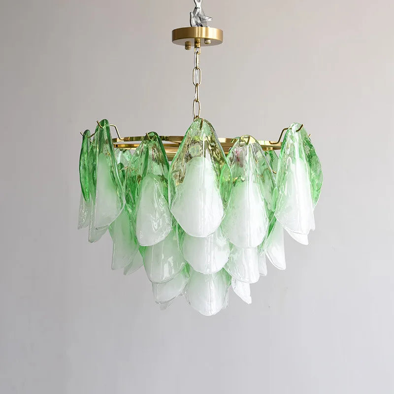 Frosted Peach Glass Tiered Petal Chandelier, 600 Frame Size, Layered Ruffled Shades, Brass Rope Wrapped Stem, Dining and Living Room
