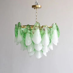 Frosted Peach Glass Tiered Petal Chandelier, 600 Frame Size, Layered Ruffled Shades, Brass Rope Wrapped Stem, Dining and Living Room