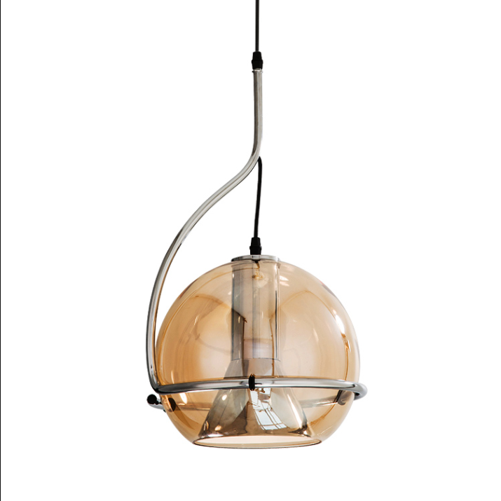 Smoked Amber Glass Globe Pendant Light, Set of 2, Curved Chrome Arm, Bulb Not Included, Kitchen Island, Dining Table & Bedside