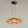 Smoked Amber Glass Disc Pendant Light, Integrated LED Ring, Black Cord Suspension, Dining Table, Kitchen Island & Home Office