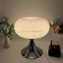 Glossy White Glass Dome Table Lamp on a Chrome Trumpet Base, Rounded Mushroom Silhouette, Bedside & Living Room