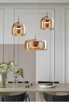 Amber Glass Drum Pendant Light, 23cm Shade, Brushed Brass Ring Fitting, Cord Suspended, Dining Table & Kitchen Island
