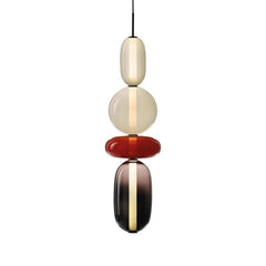 Tiered Glass Bead Pendant Light, Cream and Wine Red Finish, 3 Tier Stack, Large, Black Cord Suspension, Bedside & Dining Table