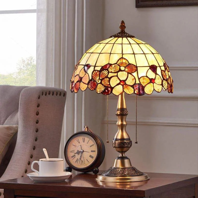 Textured Glass Dome Table Lamp, Cream Floral Glass Panels, Antique Brass Baluster Base, Pull Chain Switch, Living Room