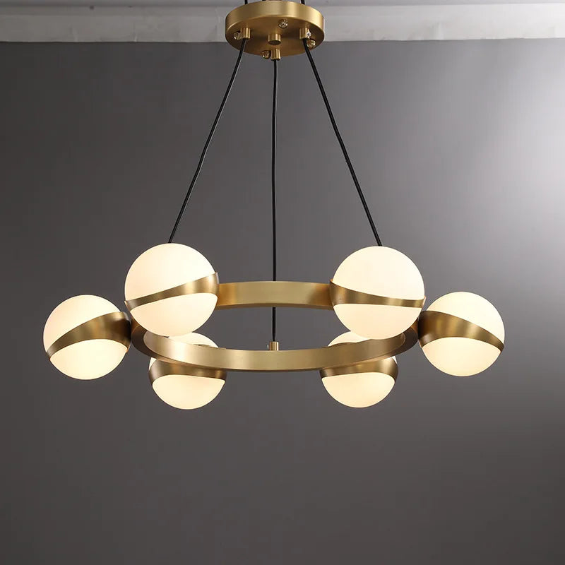 Opal Glass Globe Ring Chandelier, Interlocking Brass Frame, 6 Lights, Wave Set Spheres, Dining Room & Living Room