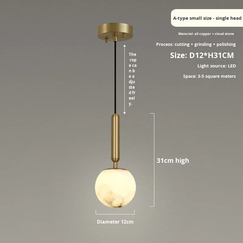 Textured Alabaster Globe Pendant Light, Brushed Brass Stem, Warm Veined Glow, D12 H31cm, Integrated LED, Bedside, Bedroom & Hallway