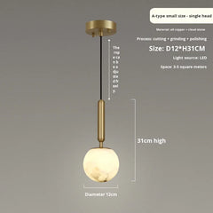 Textured Alabaster Globe Pendant Light, Brushed Brass Stem, Warm Veined Glow, D12 H31cm, Integrated LED, Bedside, Bedroom & Hallway