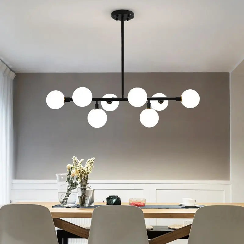 Opal Glass Globe Linear Bar Semi Flush Ceiling Light, Matt Black Angled Arms, 8 Light, Kitchen Island, Dining Room & Living Room